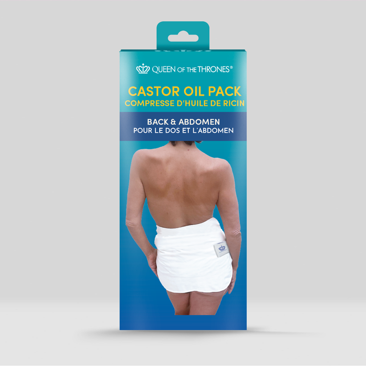Packaging of a castor oil pack with a person wearing it on a gray background