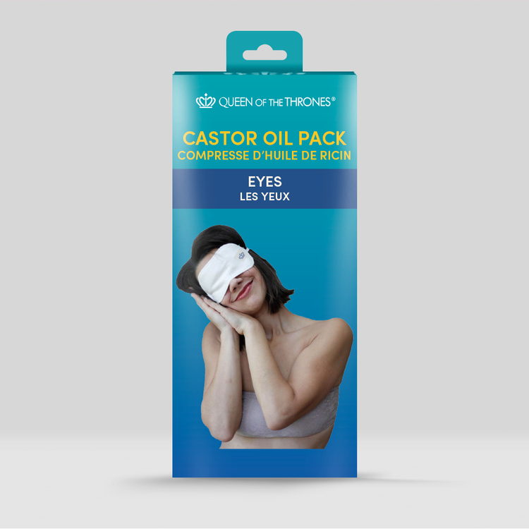 Packaging of Queen of the Thrones castor oil pack for eyes on a gray background