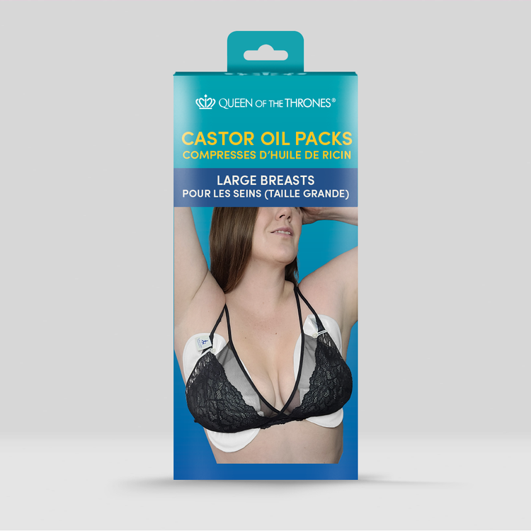 Packaging of Queen of the Thrones castor oil packs for large breasts on a gray background