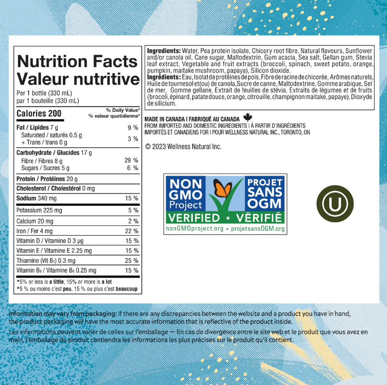 Nutrition facts label with a blue background and 'Non-GMO Project' verification logo.