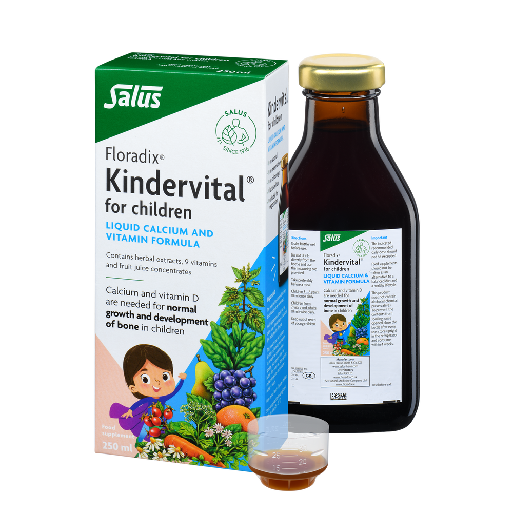 Salus Kindervital for children liquid calcium and vitamin formula packaging and bottle on a white background