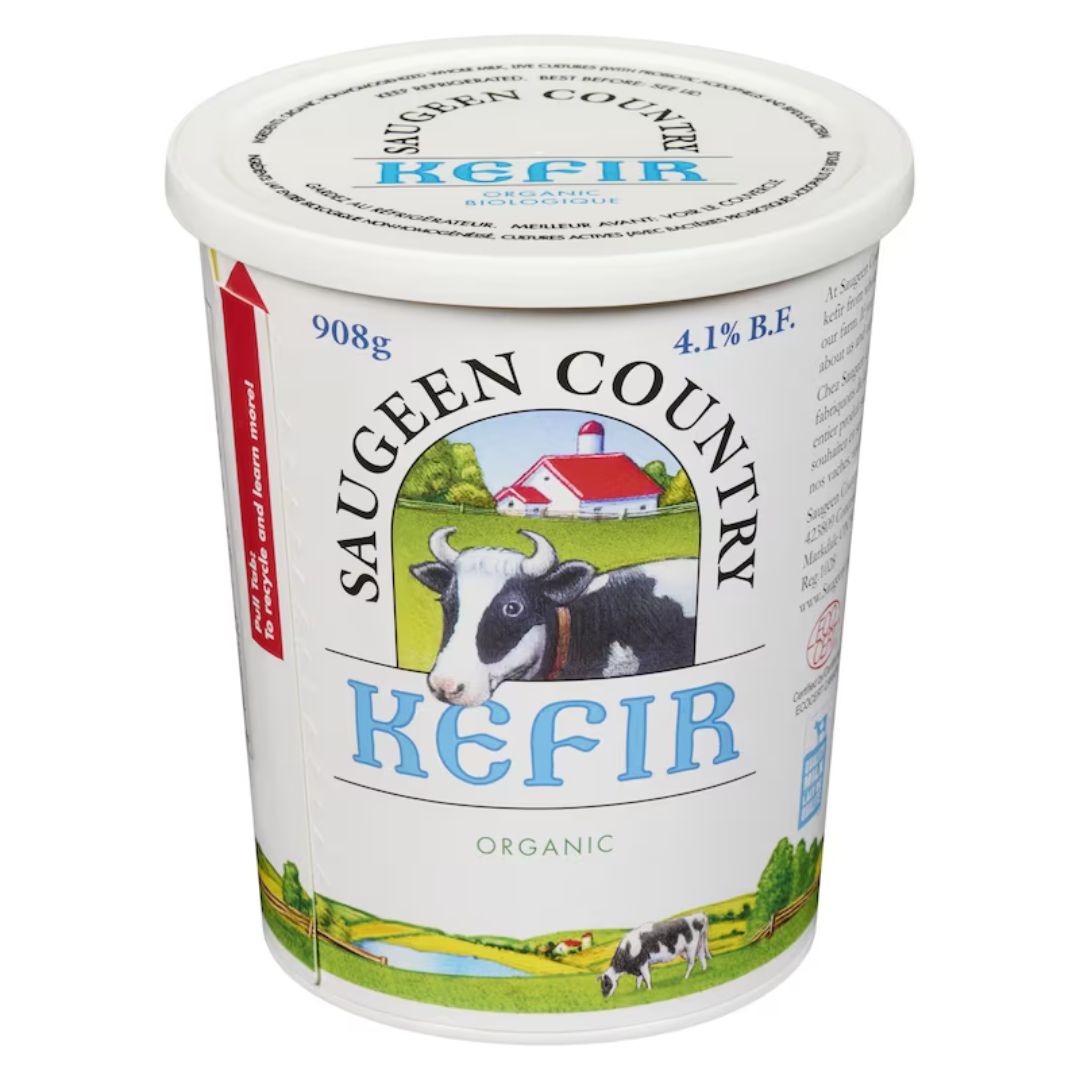 Container of Saugeen Country Kefir with a cow illustration on a white background