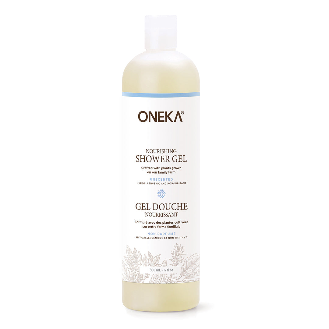 Oneka nourishing shower gel bottle on a white background