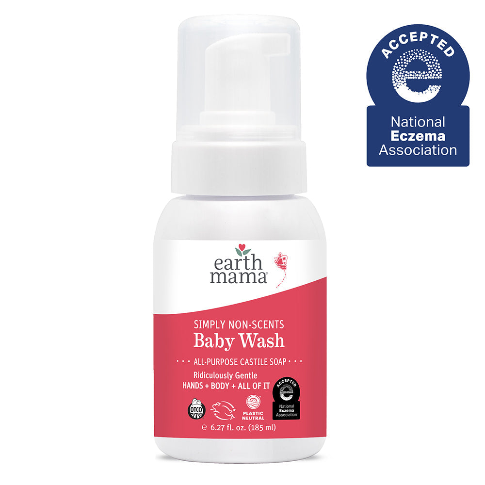 Earth Mama Simply Non-Scents Baby Wash bottle with National Eczema Association acceptance badge on a white background
