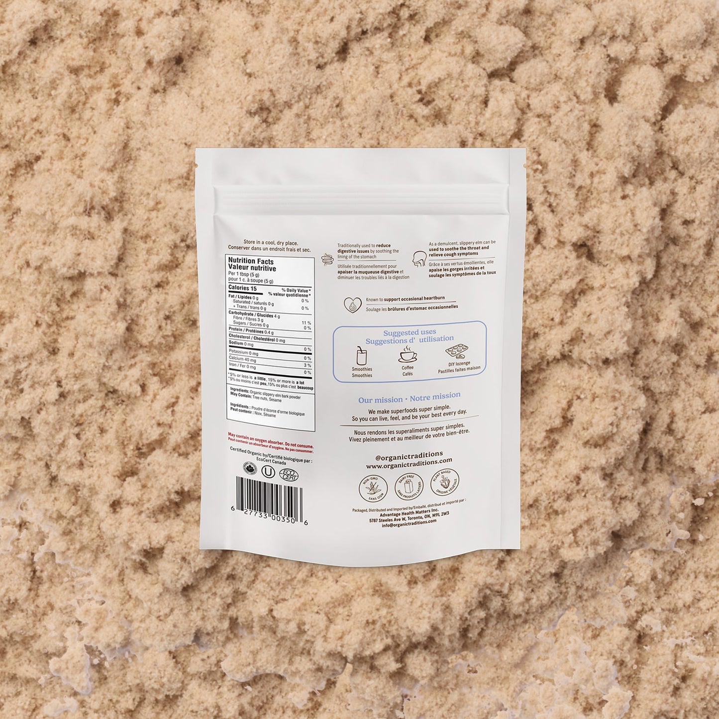 White package with text and icons on a beige textured background