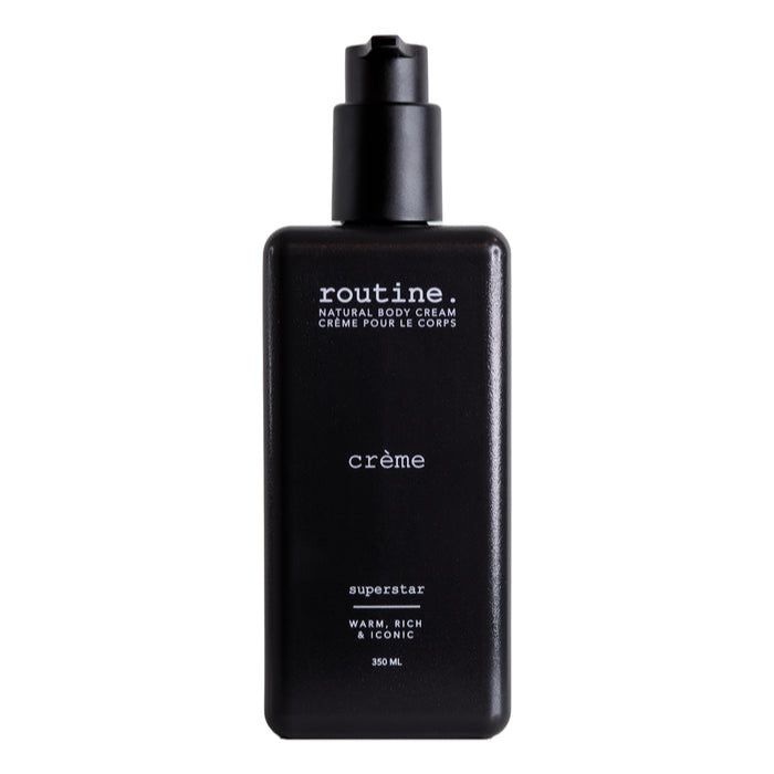 Black bottle of 'routine. crème' body cream on a white background
