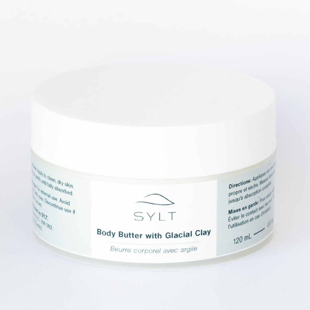 Jar of Sylt body butter with glacial clay on a white background