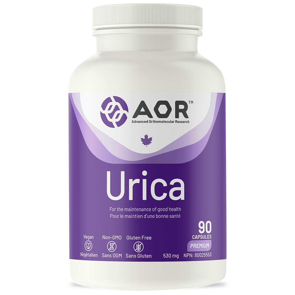 Supplement bottle labeled 'Urica' by AOR on a white background