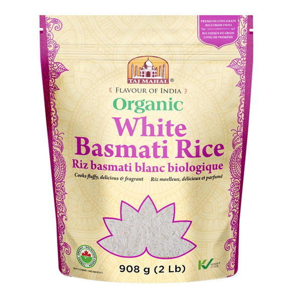 Package of organic white basmati rice with decorative elements on a beige background