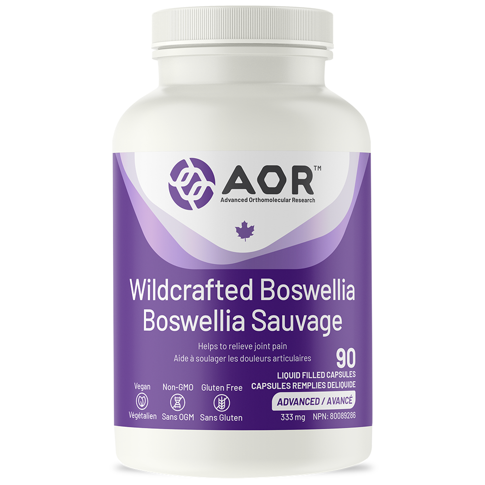 Supplement bottle labeled 'Wildcrafted Boswellia' by AOR on a white background
