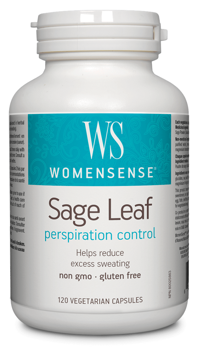 A white plastic bottle of Womensense Sage Leaf perspiration control dietary supplement capsules, featuring a teal and white label.