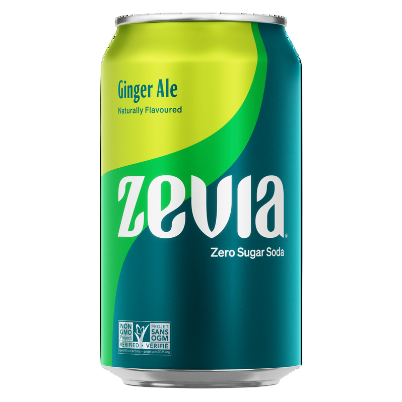 Zevia Ginger Ale zero sugar soda can on a white background