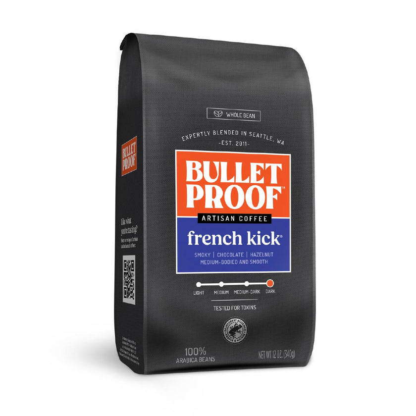 Black coffee bag with Bulletproof Coffee branding on a white background