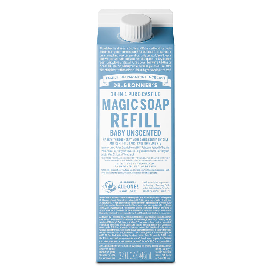 Dr. Bronner's Castile Liquid Soap - Unscented Baby Refill (946ml)