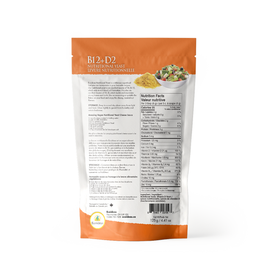 Nutritional yeast package with orange top and white back, featuring nutritional information.