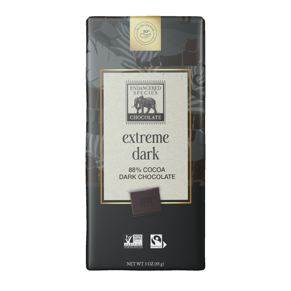 Dark chocolate bar packaging with 'extreme dark' label on a white background