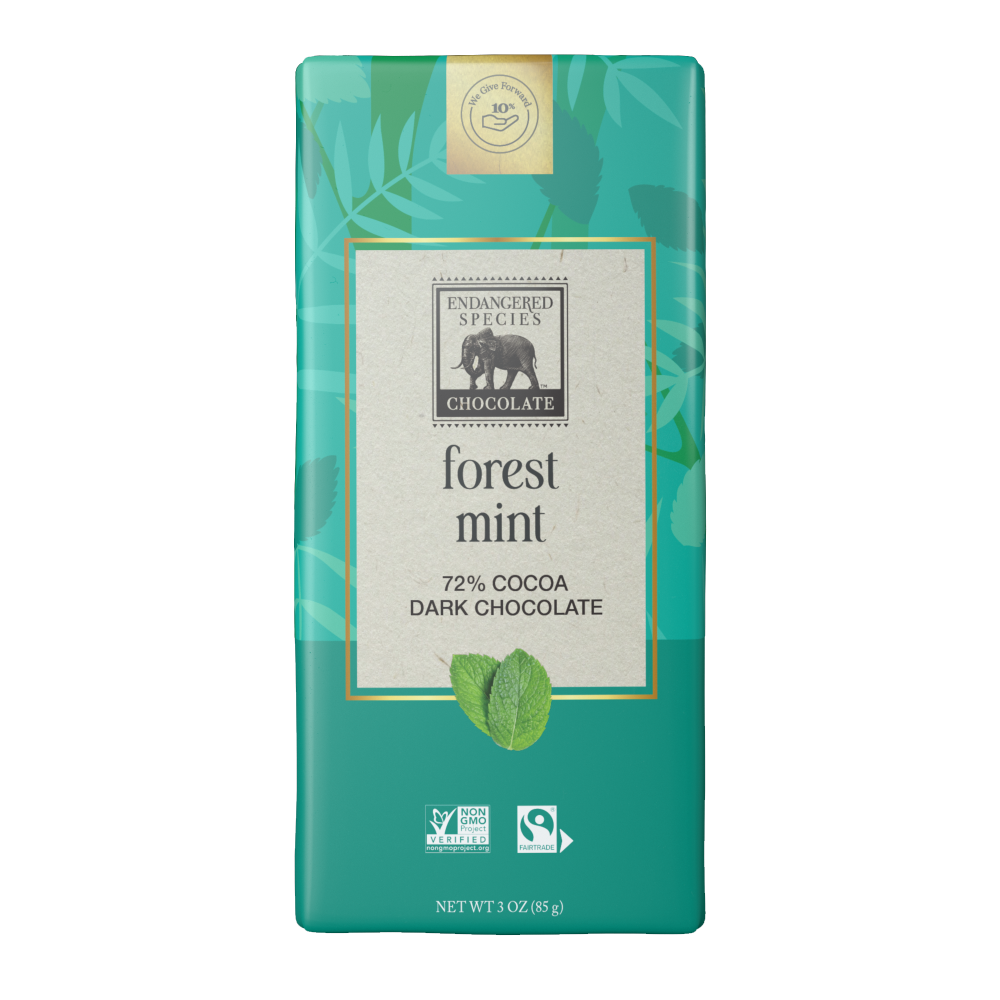 Green packaging of forest mint dark chocolate with brand logo on a white background