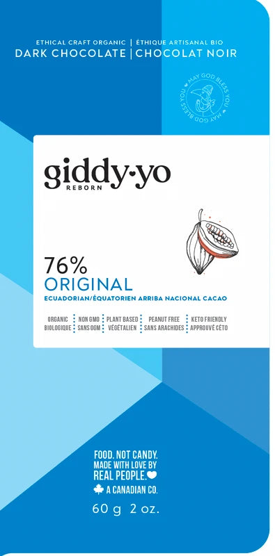Giddy-Yo dark chocolate packaging with blue and white design