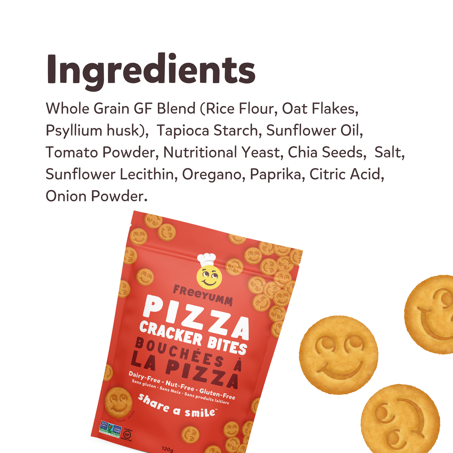 Freyyumm Pizza Cracker Bites packaging with smiley face design and ingredient list on a white background