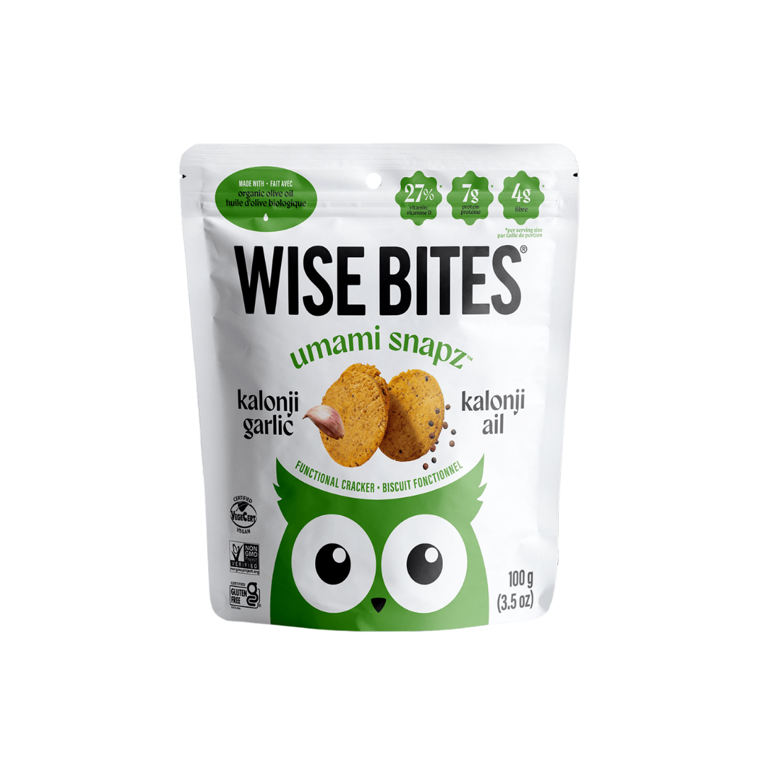 Wise Bites umami snapz kalonji garlic packaging on a white background