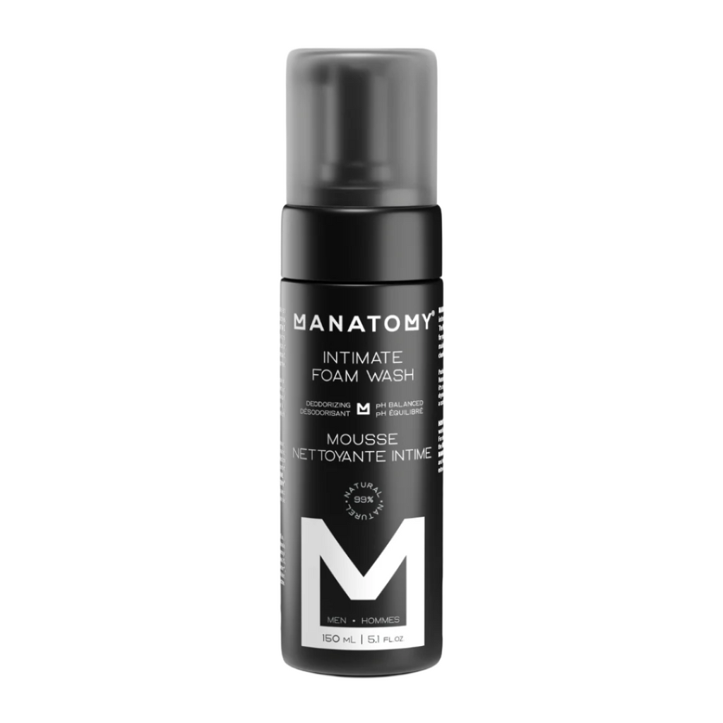 Manatomy intimate foam wash bottle on a gray background