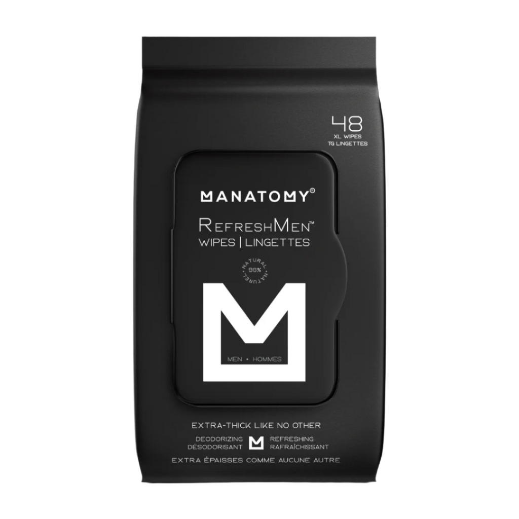 Manatomy RefreshMen wipes packaging on a light gray background