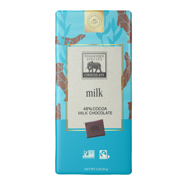 Milk chocolate bar packaging with blue background and endangered species logo
