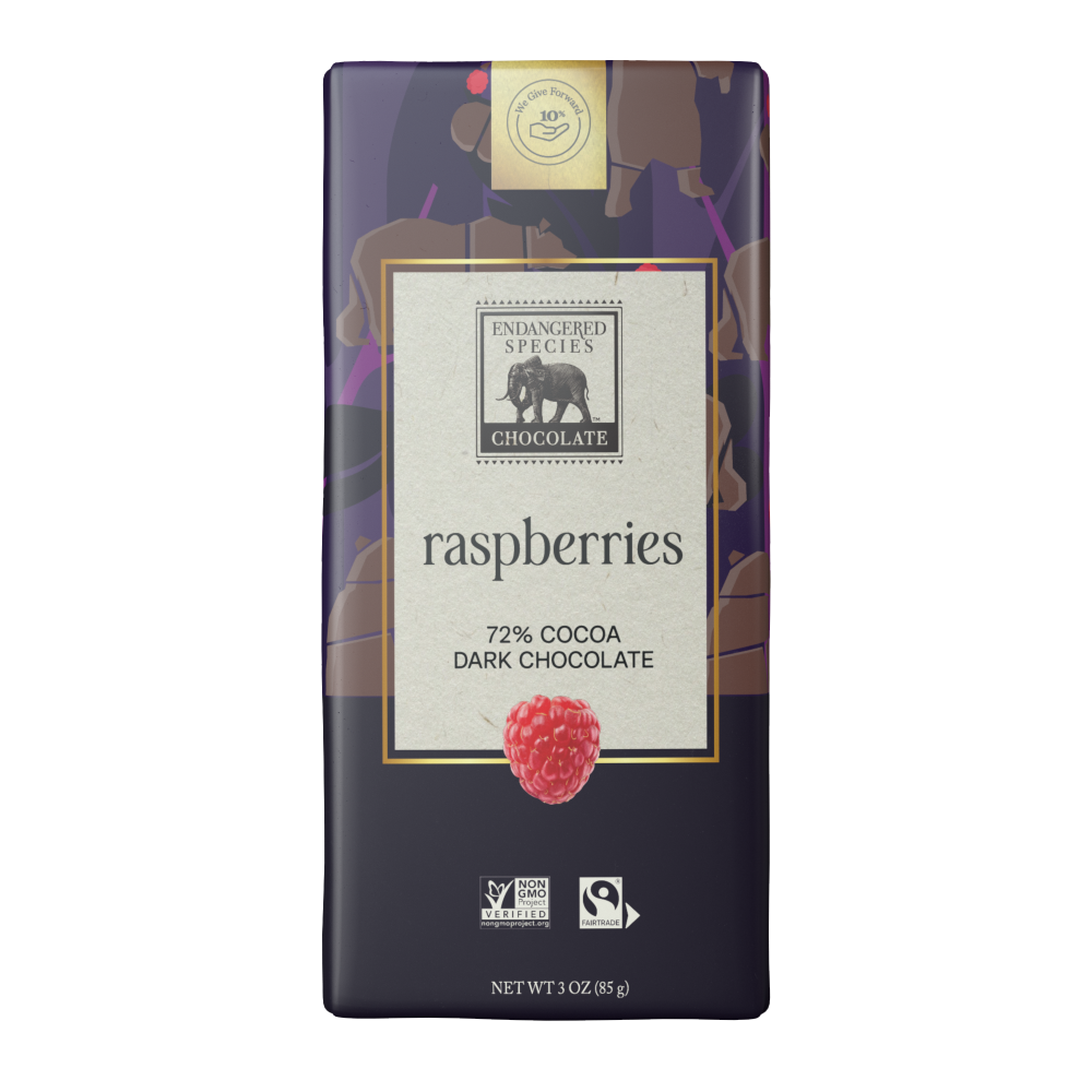 Dark chocolate bar with raspberries packaging on a white background
