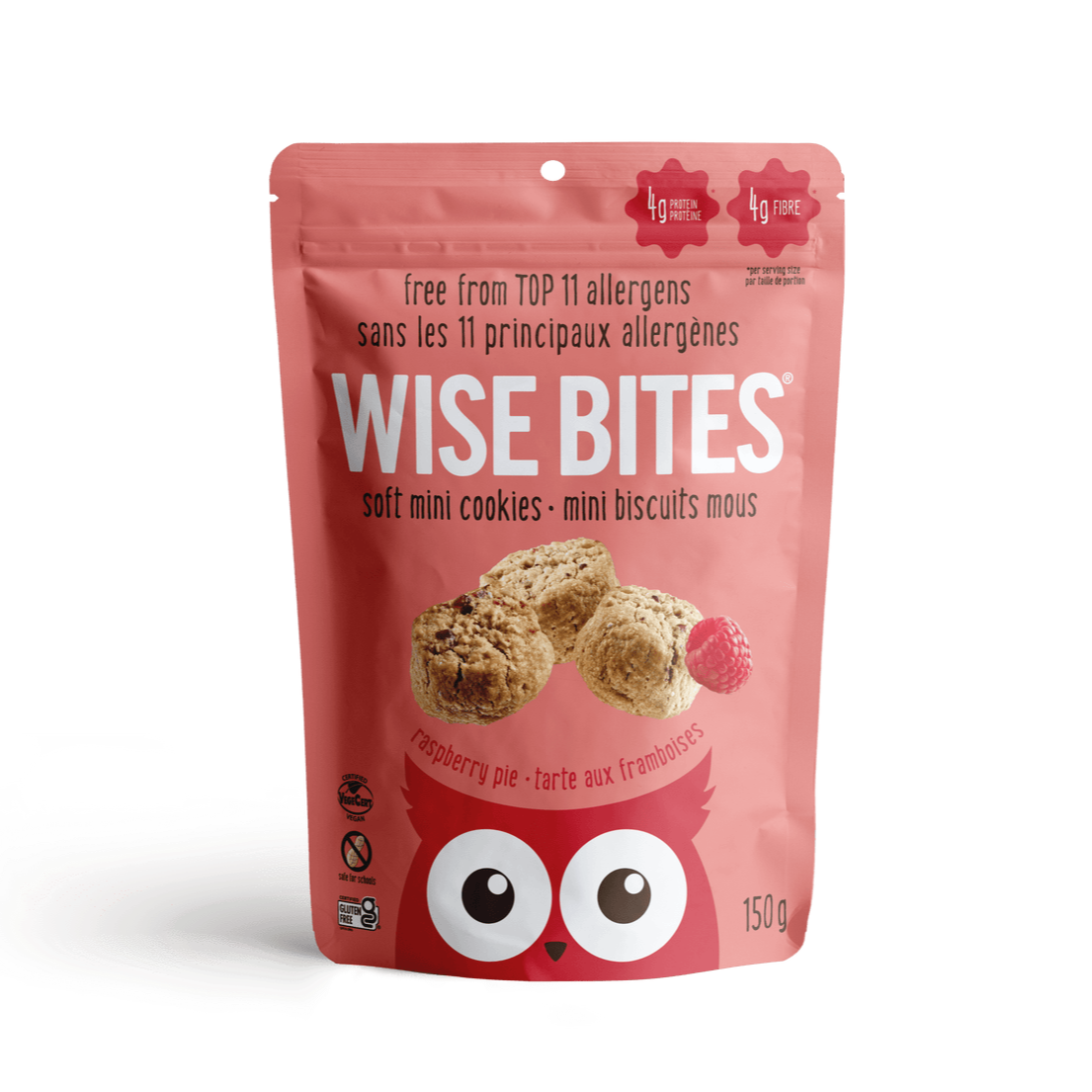 Pink package of Wise Bites soft mini cookies on a green background