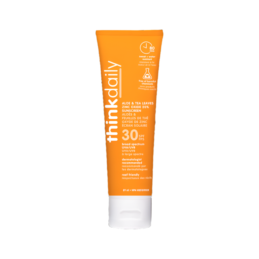 ThinkDaily sunscreen tube on a white background