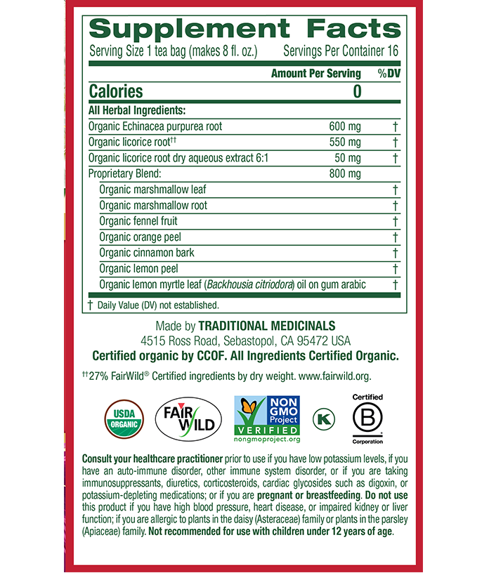 Traditional Medicinals Throat Coat Lemon Echinacea Tea (16 Bags) - Lifestyle Markets