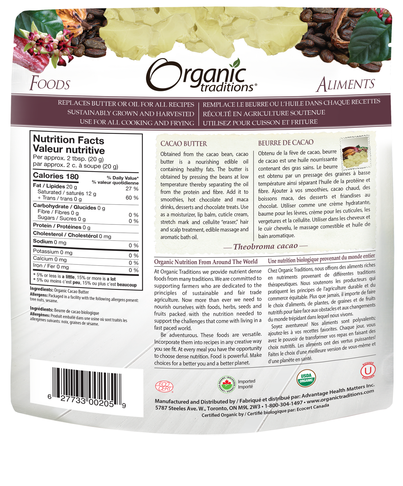 Organic Traditions Organic Cacao Butter (227g) - Lifestyle Markets