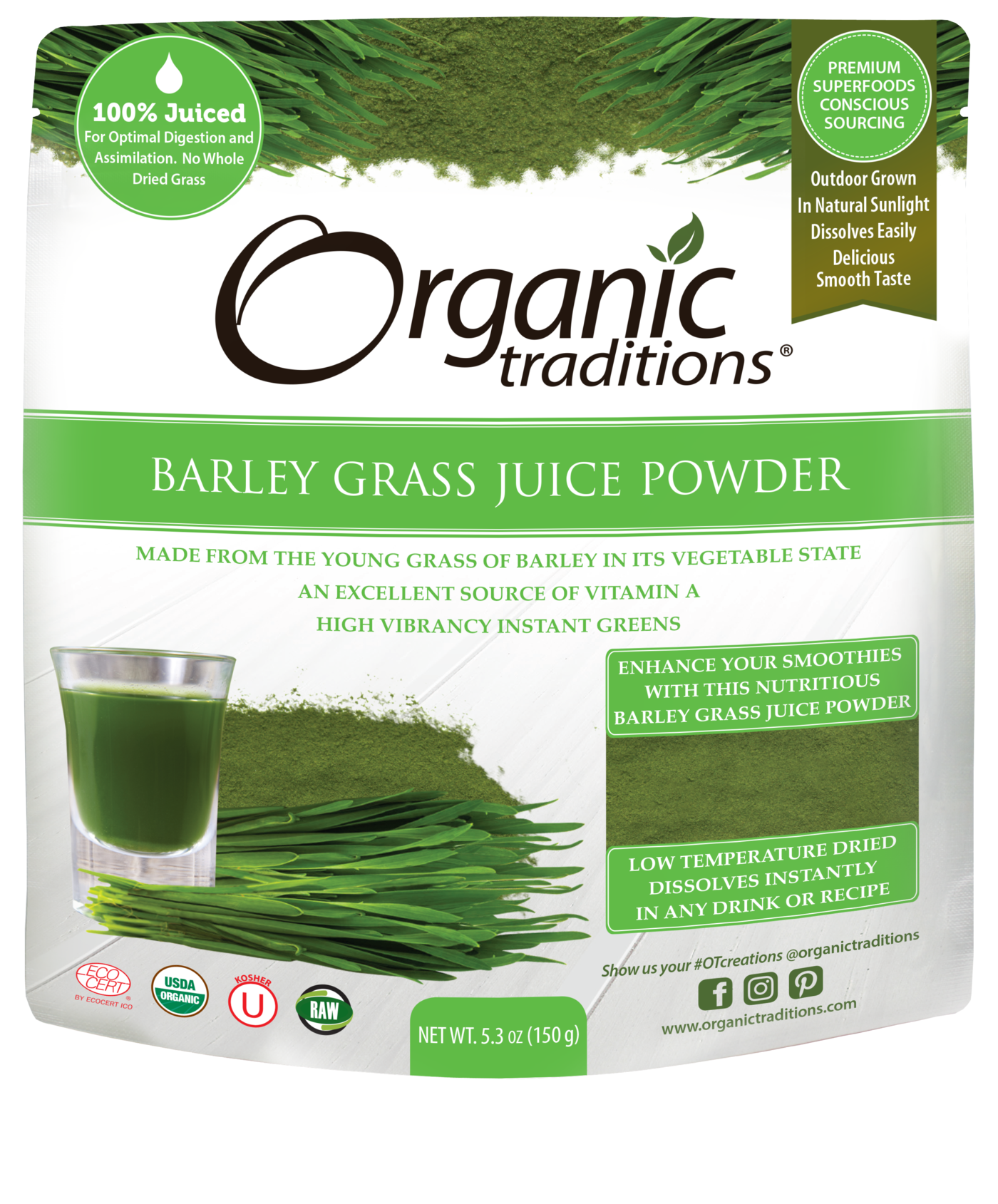 Organic Traditions Barley Grass Juice Powder (150g) - Lifestyle Markets