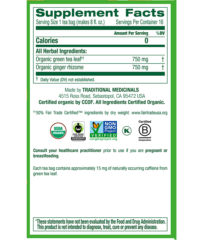Traditional Medicinals Green Tea w/ Ginger (16 Bags) - Lifestyle Markets