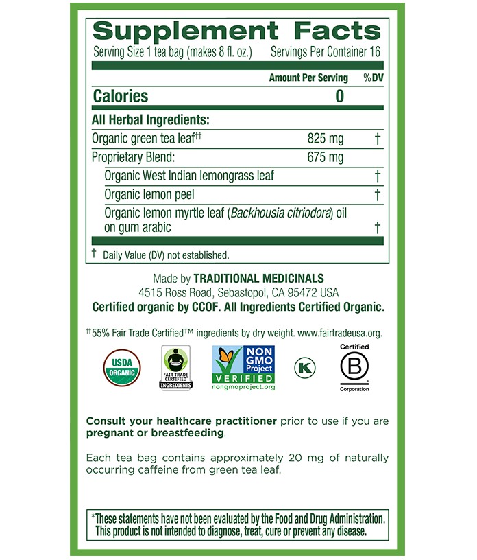 Traditional Medicinals Green Tea w/ Lemongrass (16 Bags) - Lifestyle Markets