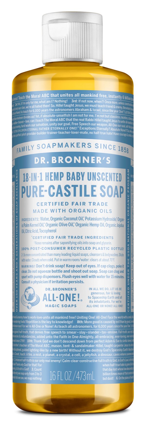 Dr. Bronner's Castile Liquid Soap - Unscented Baby (473ml) - Lifestyle Markets