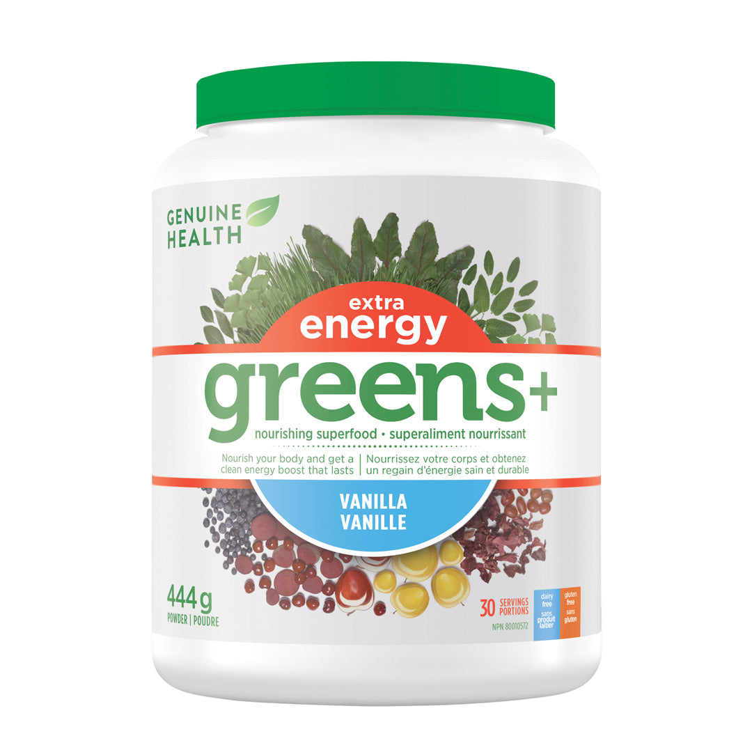 Genuine Health Greens+ Extra Energy - Vanilla (444g) - Lifestyle Markets