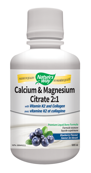 Nature's Way Cal/Mag Citrate 2:1, K2 + Collagen - Blueberry (500ml) - Lifestyle Markets