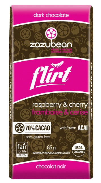 Zazubean Flirt Raspberry & Cherry Dark Chocolate Bar (85g) - Lifestyle Markets