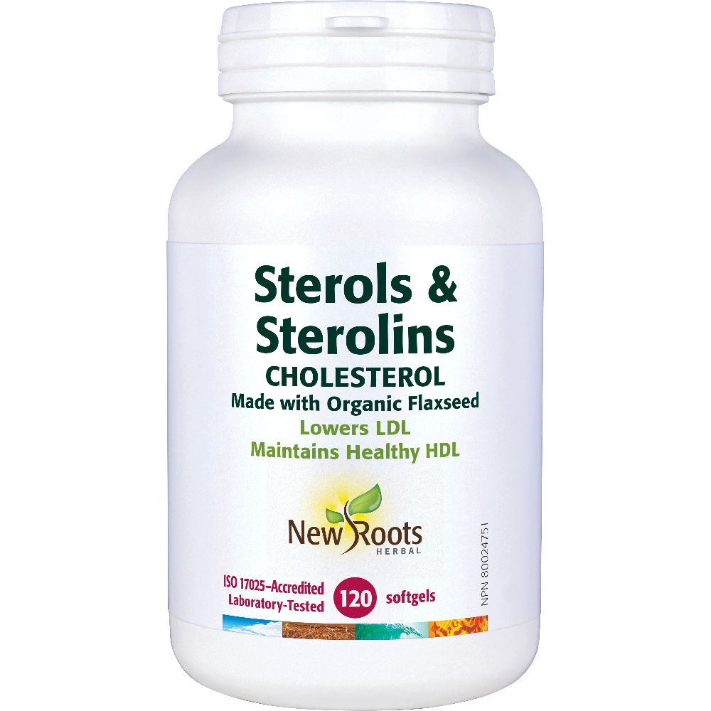 Vitamin supplement bottle labeled 'Sterols & Sterolins' by New Roots Herbal on a white background