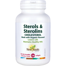 Vitamin supplement bottle labeled 'Sterols & Sterolins' by New Roots Herbal on a white background