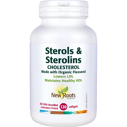 Vitamin supplement bottle labeled 'Sterols & Sterolins' by New Roots Herbal on a white background