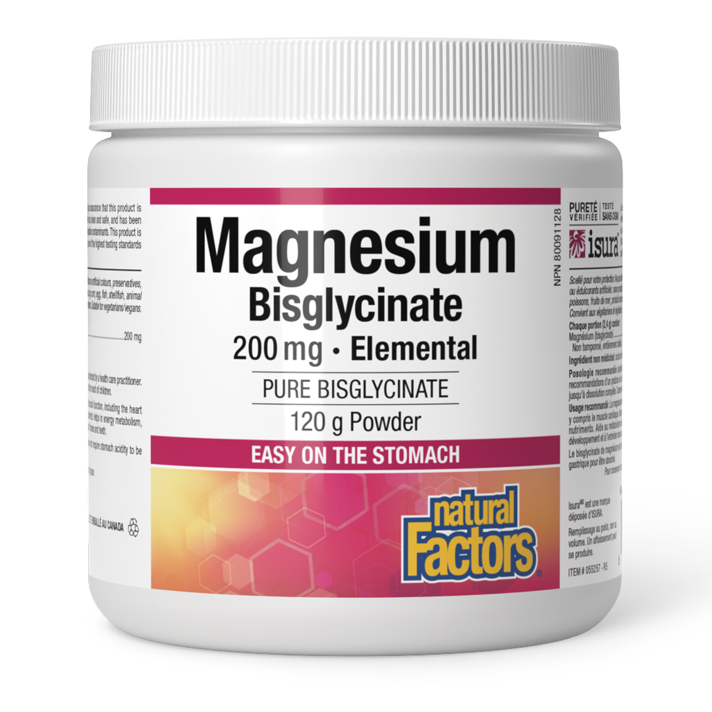 A white plastic tub of Natural Factors Magnesium Bisglycinate 200 mg Elemental powder, shown on a clean white background.