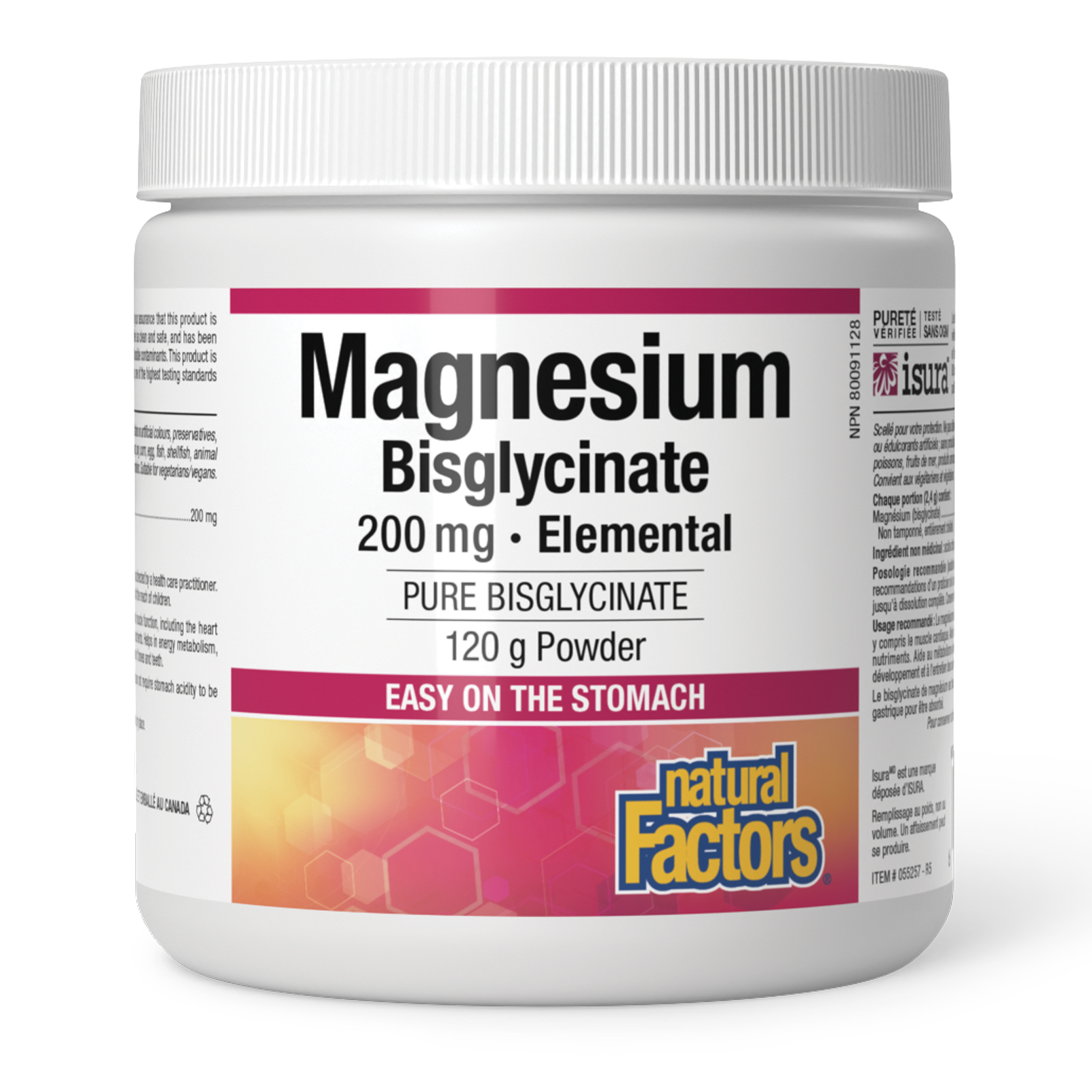 A white plastic tub of Natural Factors Magnesium Bisglycinate 200 mg Elemental powder, shown on a clean white background.