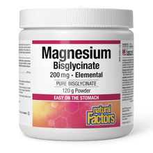 A white plastic tub of Natural Factors Magnesium Bisglycinate 200 mg Elemental powder, shown on a clean white background.