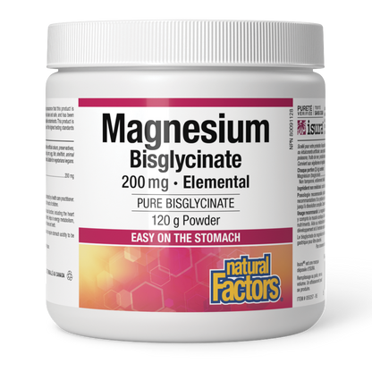 A white plastic tub of Natural Factors Magnesium Bisglycinate 200 mg Elemental powder, shown on a clean white background.