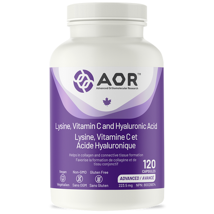 Supplement bottle with purple label featuring AOR logo on a white background