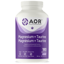 Supplement bottle labeled 'AOR Magnesium + Taurine' on a white background