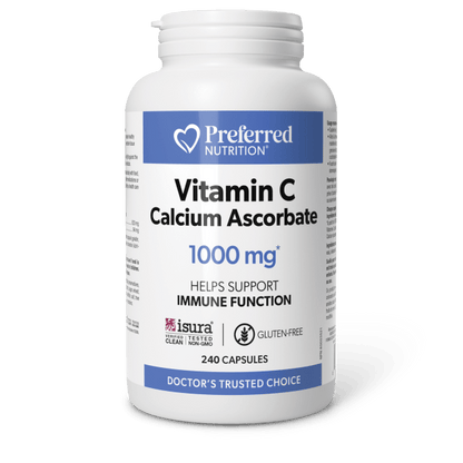 A white bottle of Preferred Nutrition Vitamin C Calcium Ascorbate 1000 mg capsules, shown on a dark green background with a black shadow underneath.