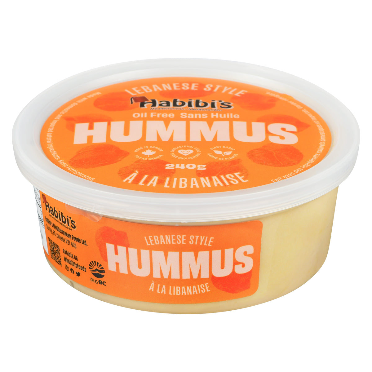 Hummus container with Habibi's branding on an orange label